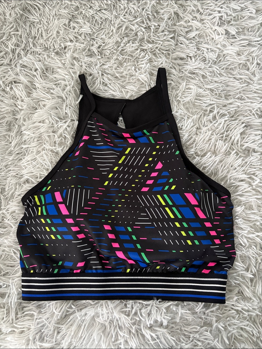 Xersion Black Sports Bra with Neon Pink, Blue, Green & Yellow Geometric Print
